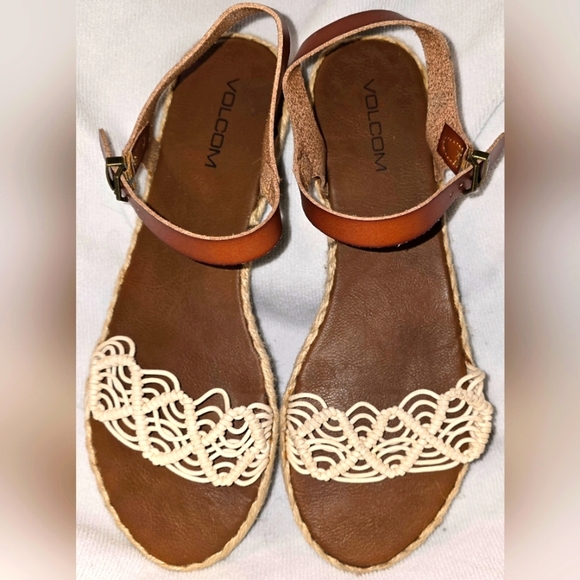 Volcom Crochet Strap Espadrille Flats Boho Summer Sandals Ankle Strap Size 10 - Picture 2 of 11